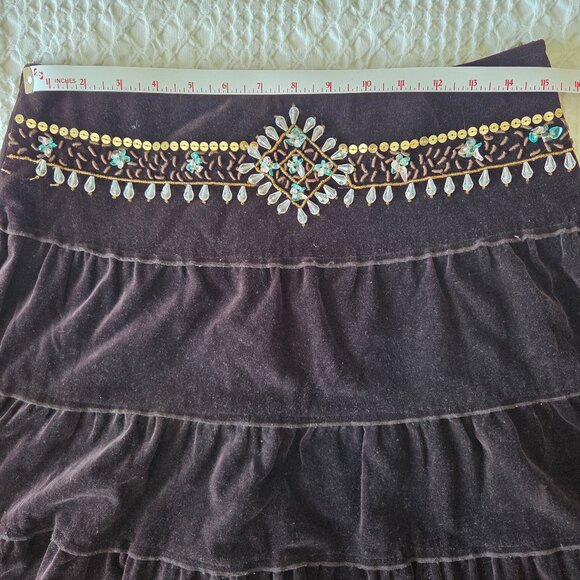 Nevada Boho vintage tiered chocolate brown velvet beaded skirt Size Medium - Picture 10 of 10